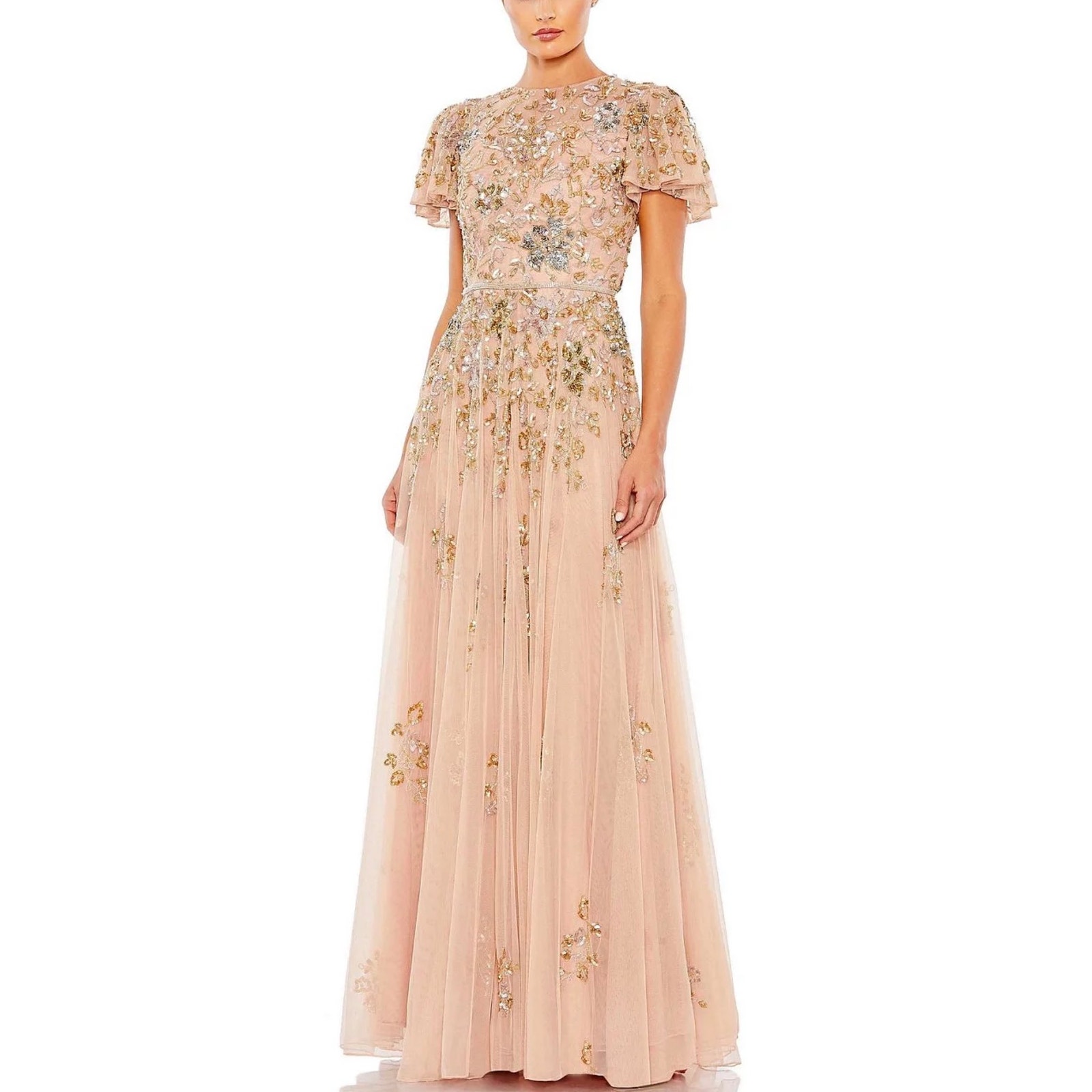 Mac Duggal 5717 Champagne Taupe Evening Gown Sequined Short Sleeve Dress Size 18